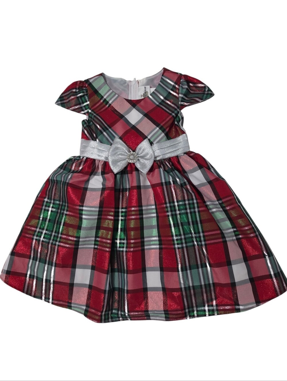Rare Editions Toddler Red Green White Metallic Plaid Holiday Dress 3T